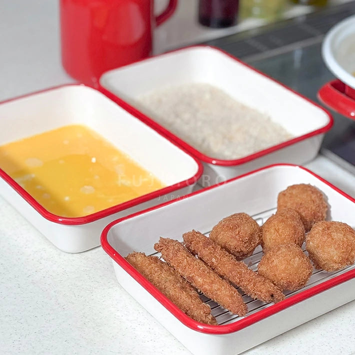 琺瑯料理焗盤附不鏽鋼網架及保鮮蓋 (一套5件) 復古紅 1.45L